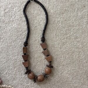 Natural Wood Necklace Brown Coconut Bead Boho Unisex Handmade Rustic Style